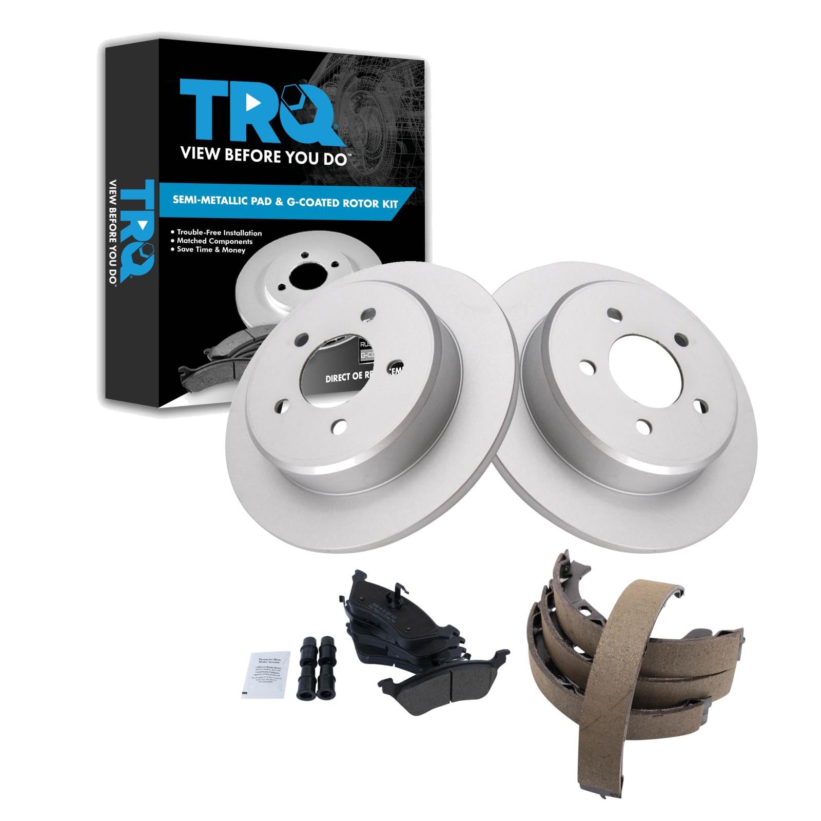 TRQ Rear Brake Pad and Rotor Set Semi Metallic Coated Rotors Parking Shoe Compatible with 2001-2007 Chrysler Town &amp; Country Dodge Caravan Grand Caravan