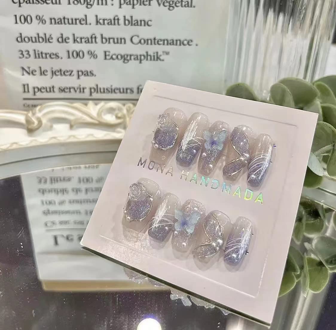 Press On Nails, 10 Stück tragbares Maniküre-Stück, handgefertigte Kunstnägel, wiederverwendbares künstliches Kunstnägel-Set für Frauen und Mädchen (L, F) (AS)
