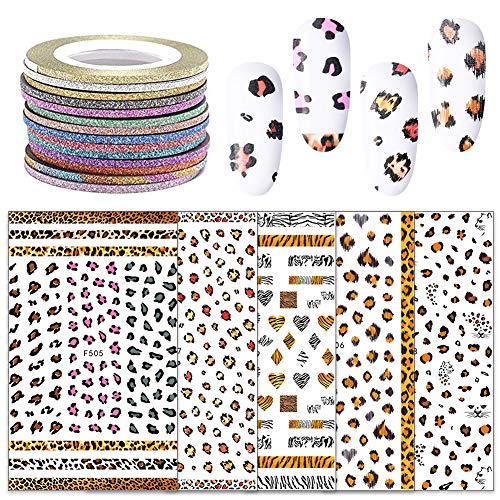 5 Feuilles Imprimé Léopard Sticker Ongles & 14 Rouleaux Paillettes Autocollant de Ligne, Sexy Impressions d'animaux Nail Art Deal de Faux Ongles Auto-adhésif, décorations nail pour enfant fille femme Cover