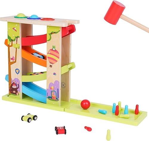 Juguete de carreras de madera 3 en 1 con 4 mini autos de pista de carreras con juguete para golpear y bolos para niños Montessori pista de carreras