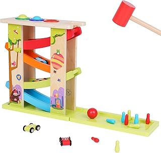 Wooden Car Ramp Race Toy 3-in-1 with 4 Mini Cars Race Track Toy with Pounding Toy & Bowling for Kids Montessori Race Track Slide Toy Rainbow Track Great Gift for Boys Girls