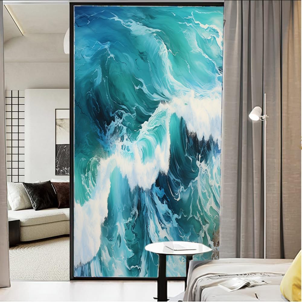 Colorful Ocean Waves Stained Glass Window Film, Abstract Green Sea Landscape Decorative Frosted Glass Window Privacy Film, Heat Control Adhesive Windows Sticker 35.4Wx63L inch