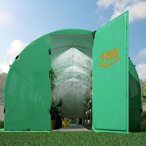 HOWE 20x10x7ft Large Walk-in Greenhouse for Outdoors with Watering System Upgraded Swing Door Tunnel Greenhouse kit, 12 Windows, Heavy Duty Galvanized Steel Frame, Ground Pegs & Film Clips, Green