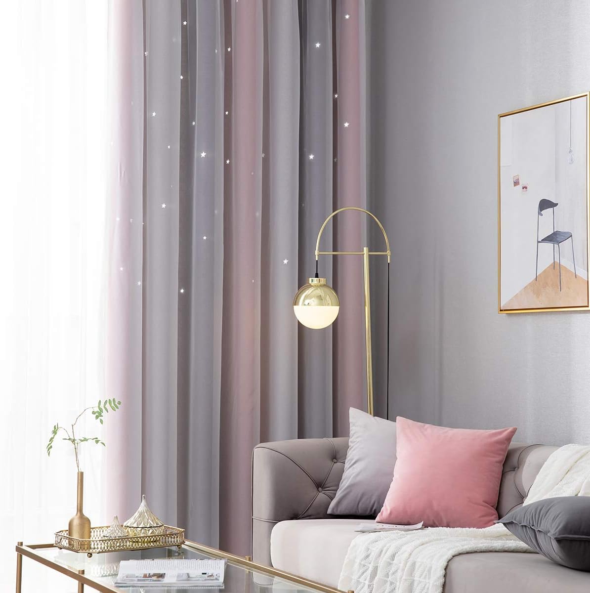 Stars Blackout Curtains for Girls Bedroom 1 Panel Colorful Star Cutout Double Layer Star Window Curtain Decor for Kids Bedroom, Living Room, Nursery Room (grey, 53" x 84") - Image 4