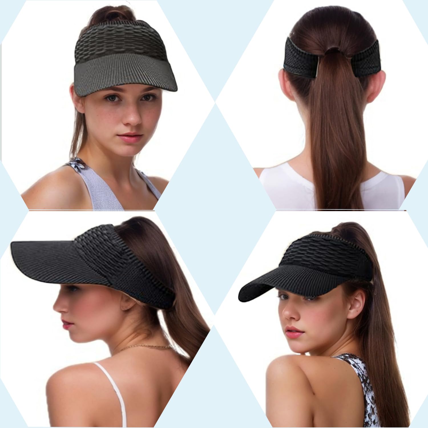Sombreros de visera para el sol, sombreros de ala ancha con protección UV, viseras de punto para correr para mujer, aptas para cola de caballo, de secado rápido