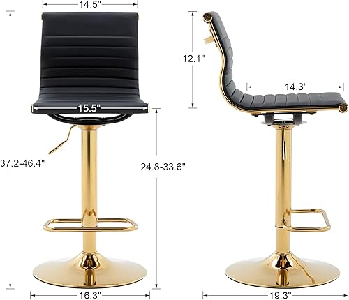 Miniatura 10 de DM Furniture Juego de 2 taburetes de bar ajustables de piel sintética color blanco y dorado, sillas giratorias con respaldo para cocina, isla y