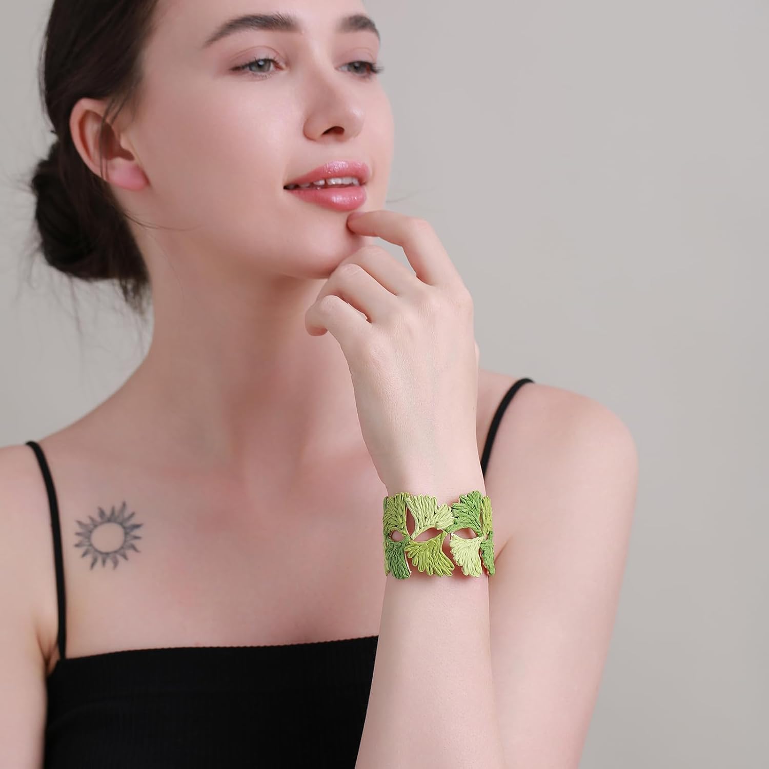 Women's Raffia Cuff Bracelet with Ginkgo Leaf, Handmade Summer Beach Jewelry, Vibrant Gradient Colors, Adjustable Open Cuff Design - Image 3