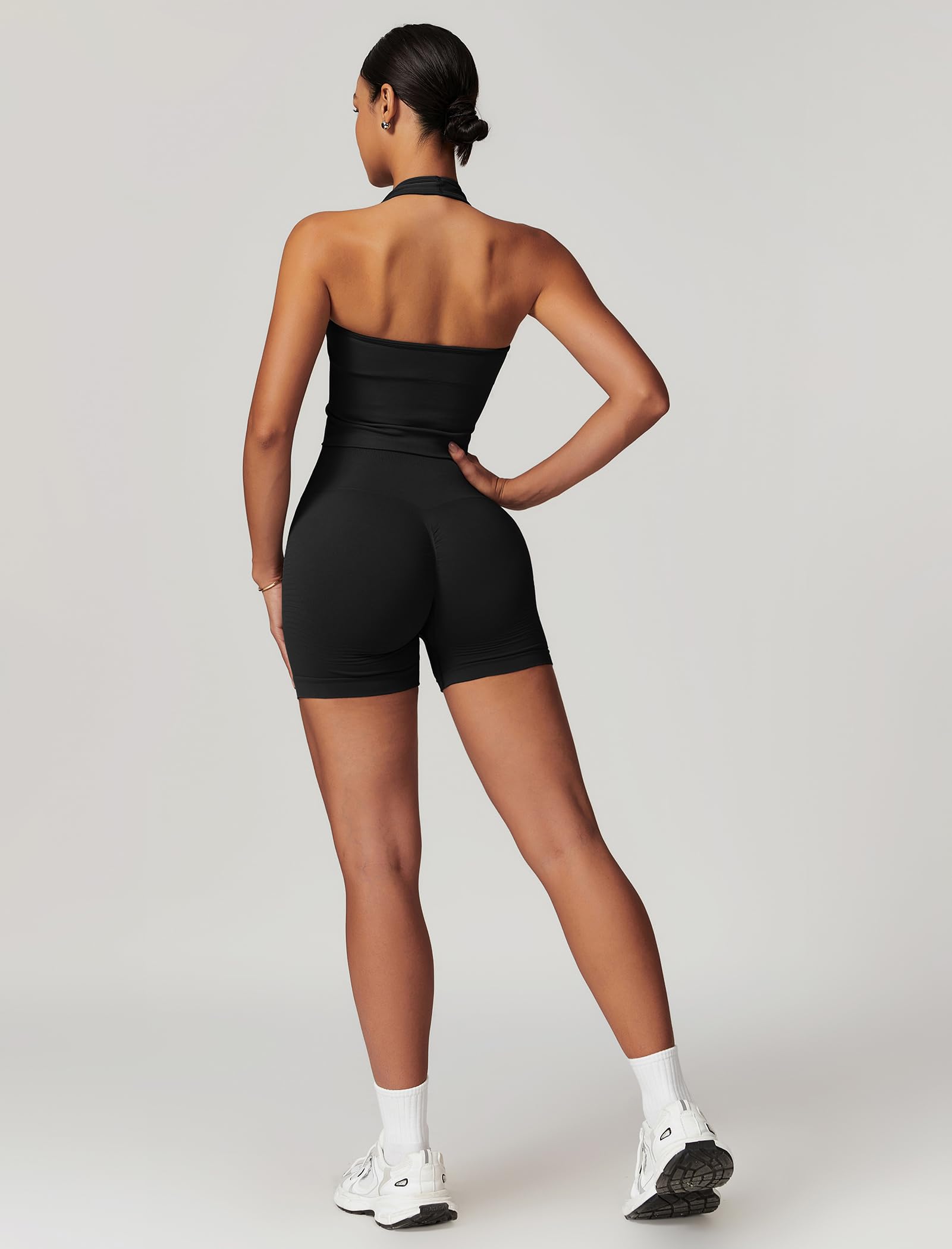 Odizli Conjunto de deporte para mujer, corto, cuello en V, sujetador + pantalones cortos de cintura alta, traje de gimnasio