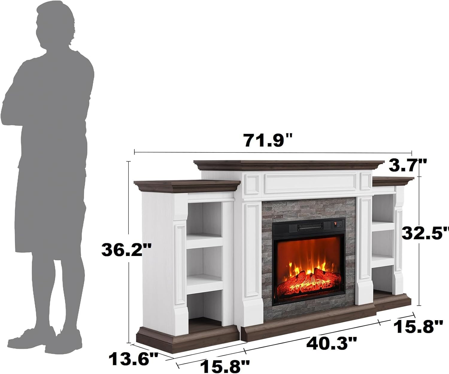 Naice 72" Electric Fireplace with Mantel and Cabinets, Fireplace TV Stand for Living Room Bedroom, Stacked Stone Surround and Remote Control 3D Realistic Flame