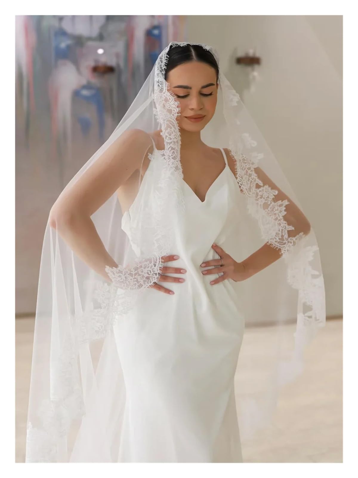 Velo Novia Despedida Soltera Velo de novia una capa con borde encaje largo estilo catedral Velos De Novia Para Boda