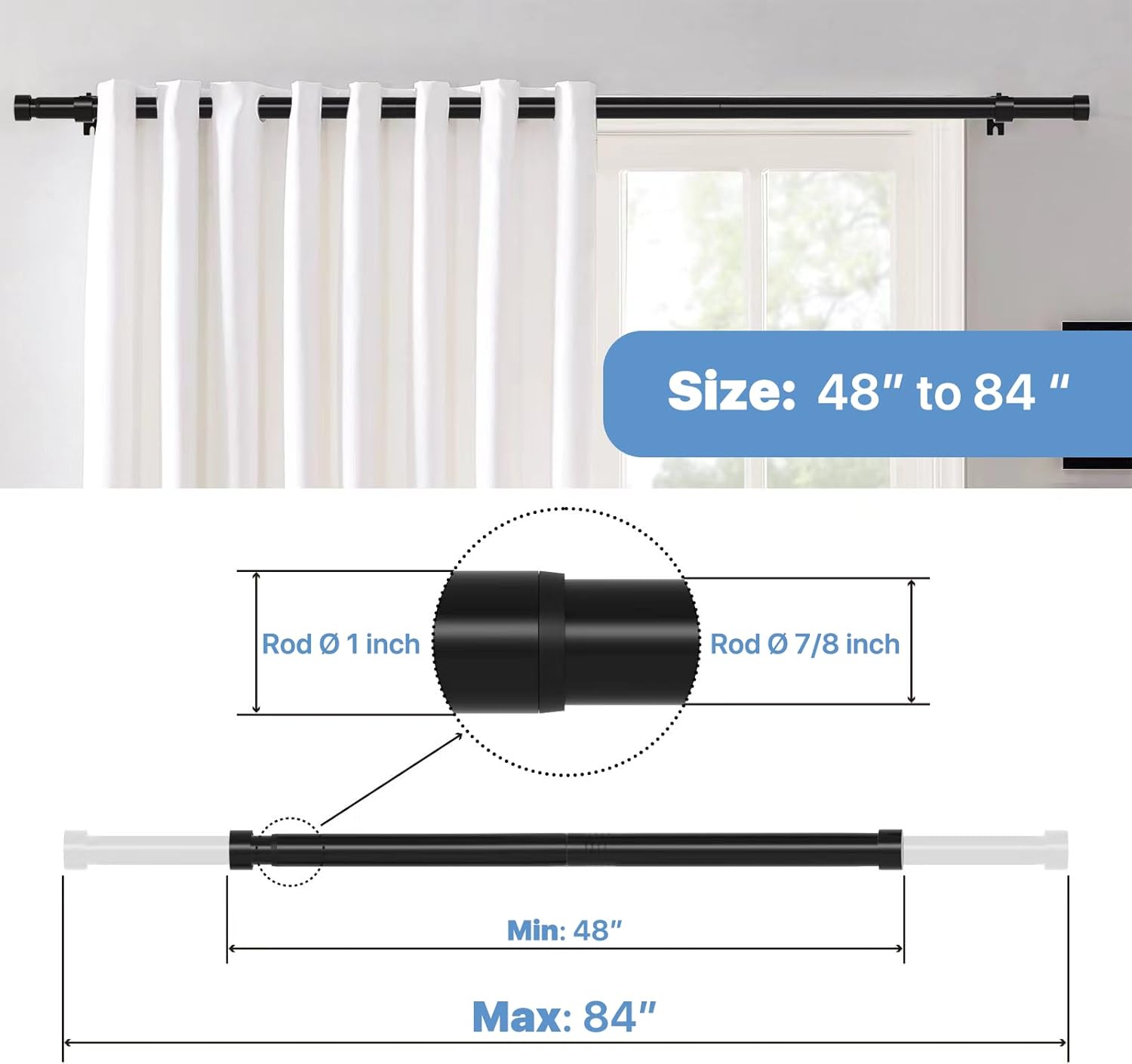 1 inch Heavy duty Curtain rods 48 to 84 inch, Black Curtain Rod for Windows Adjustable, Metal Drapery Rods with End Cap Finials, Modern Drapery Rods for Sliding Door, Bedroom, Living Room 48-84 inch Black