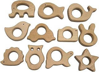 Nature Baby Teething Toys 11pc Wooden Teether Montessori Toys Wood Teether Rings Organic Infant Teether Handmade Pendant Set Shower Gift (Type 1)