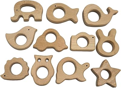 Alenybeby Nature Baby Teething Toys 11pc Wooden Teether Montessori Toys Wood Teether Rings Organic Infant Teether Handmade Pendant Set Shower Gift (Type 1)
