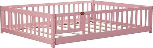 Miniatura 39 de Cama de plataforma de suelo de tamaño individual con valla, cama de madera para niños, cama de cerca para niños con puerta, no necesita somier