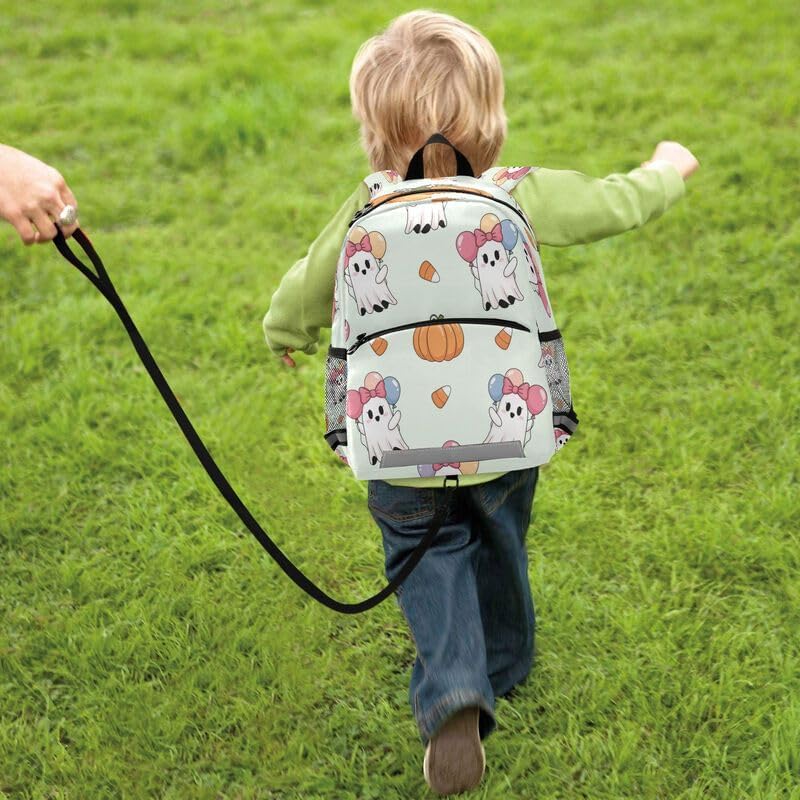 QUGRL Halloween Ghosts with Balloons Toddler Backpack for Boys Girls Kids School Backpack with Chest Strap Leash Preschool Schoolbag Nursery Kindergarten Bag for Daycare Travel Hiking School