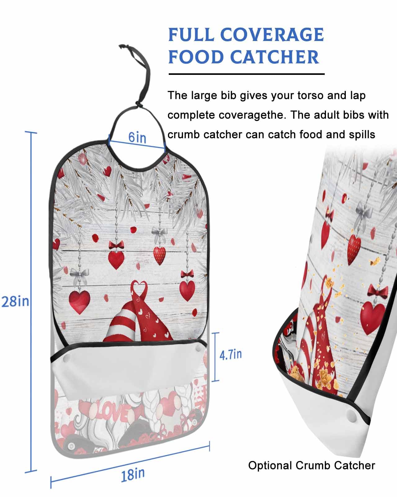 LEOKOTI Red Gnomes Valentines Adult Bibs for Eating, Waterproof Bibs with Food Catcher & Adjustable Snap Closure, Grey Botanical Love Heart Retro Washable Clothing Protectors Adult Bibs for Elderly