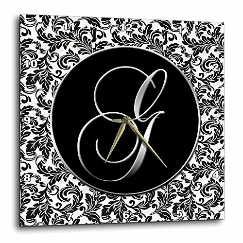 3dRose DPP_38756_1 Letter G Black and White Damask Wall Clock, 10 by 10-Inch