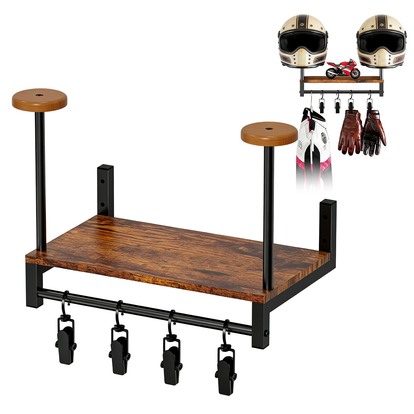 GOMETY Porte Casque Moto Mural avec Étagère en Bois, Support Rétro pour 2 Casques, Rangement Multifonction avec 4 Clips pour Gants, Veste et Accessoires Moto, Vélo et Football
