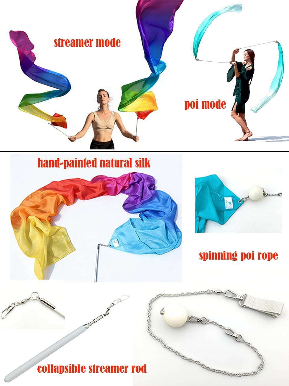 Winged Sirenny Lightweight Worship Poi-Streamer, 98" Silk Poi-Ribbon Dance Prop for Praise Dance & Flow Art, with a Poi Rope & Telescopic Rod