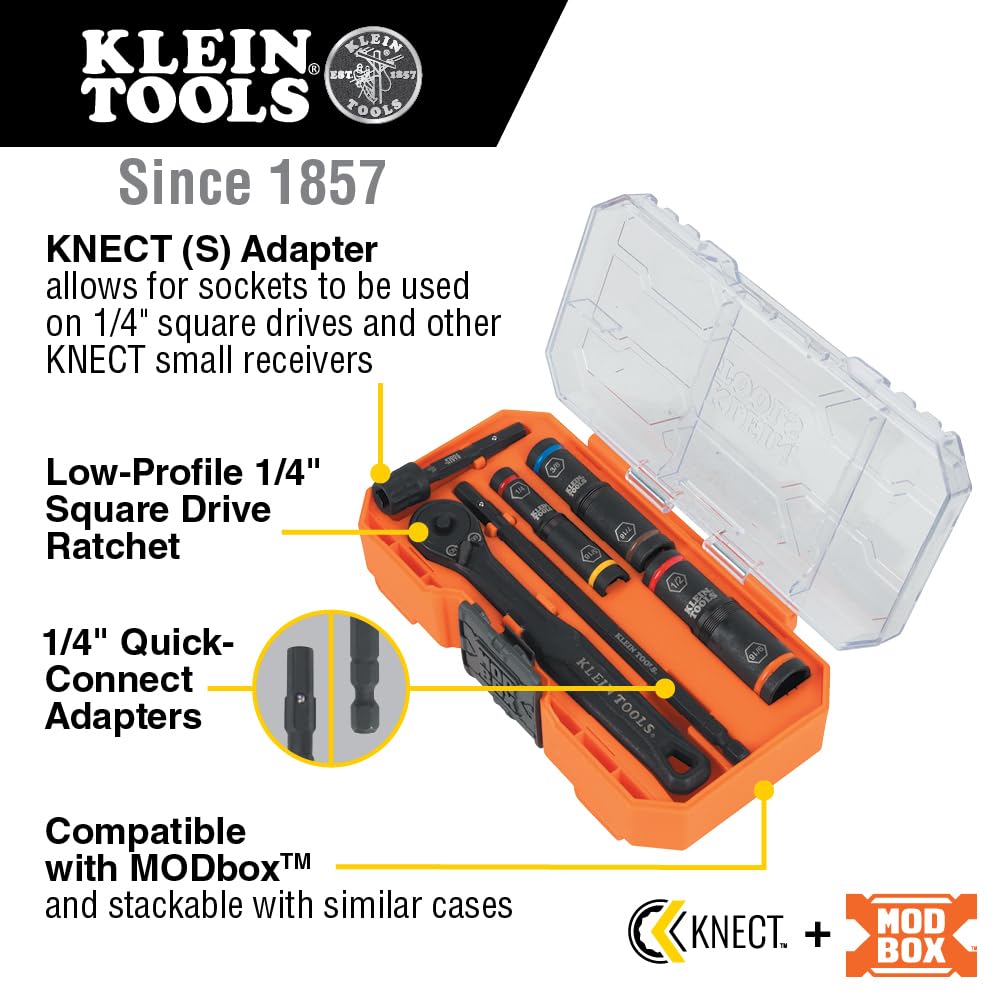 Klein Tools 65238 3-częściowy zestaw nasadek z funkcją głębokiego uderzenia z obudową modułową, wytrzymałe, 3 gniazda oznaczone kolorami, 6 rozmiarów SAE, napędy 1/4, 3/8 cala