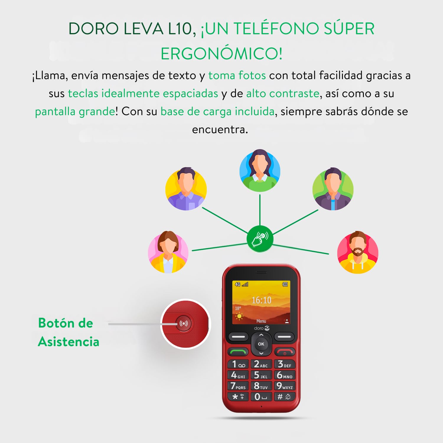 Doro - Leva L10 - Téléphone Portable Senior - Téléphone 4G Débloqué - Grand Écran - Son HD Puissant - Appareil Photo - Touche d'Assistance Avec GPS - Socle Chargeur Inclus - Graphite