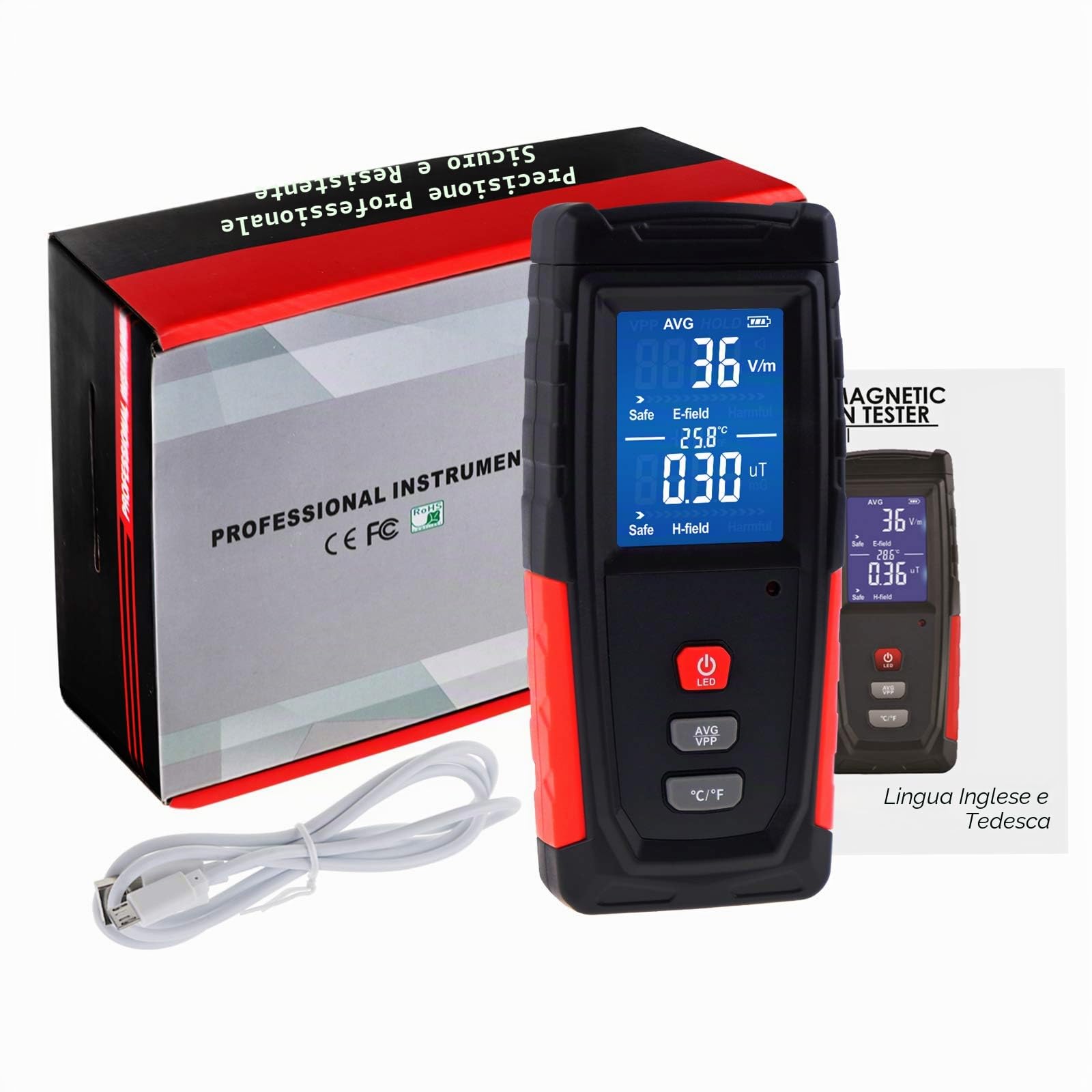 Elettromagnetico Campo Rivelatore, Portatile Digitale LCD Elettromagnetico Campo Rivelatore, Ricaricabile Digitale Elettromagnetico Campo Radiazioni Rivelatore, Adatto per Casa, Ufficio, All'aperto