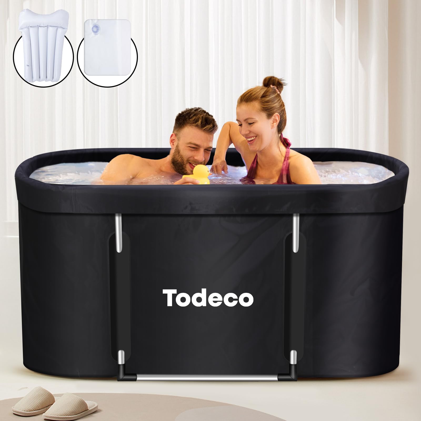 Todeco Vasca da bagno pieghevole portatile per adulti, grande mobile autoportante vasca da bagno con staffa metallica rinforzata, per piccolo bagno, per SPA, doccia, Bagni di ghiaccio e bagni caldi