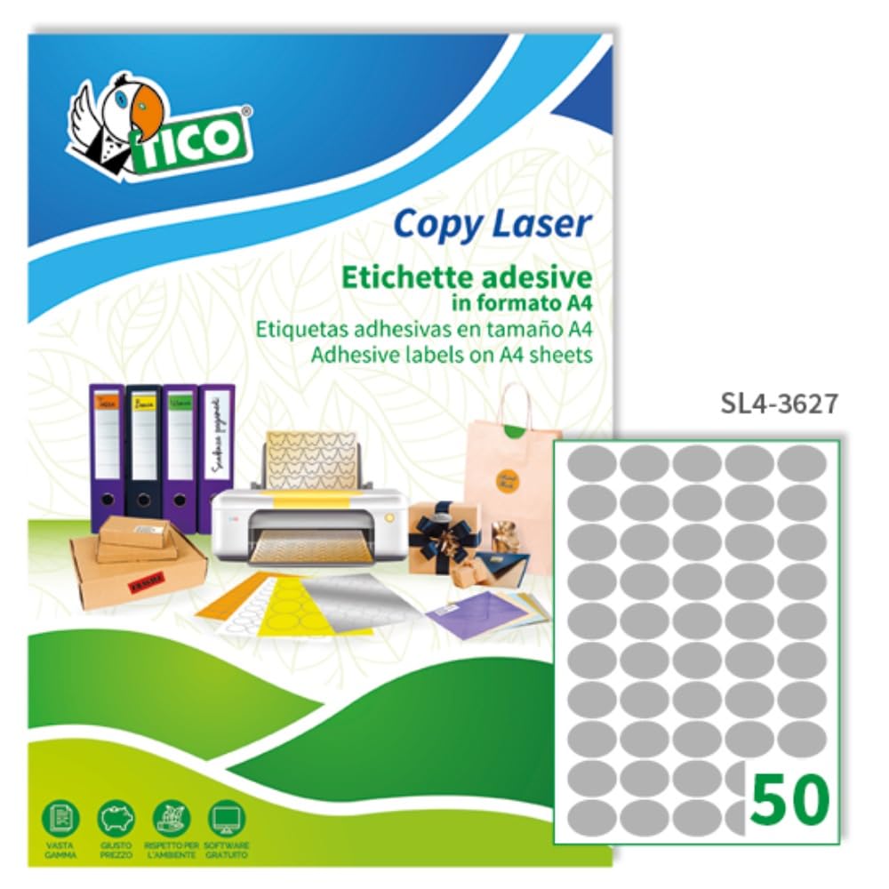 Tico Italia SL4-3627 Etichette adesive carta argento, 100 fogli A4, ovali 36x27mm, 50 etichette per foglio, adesivo permanente, stampanti laser, tipografiche e serigrafiche