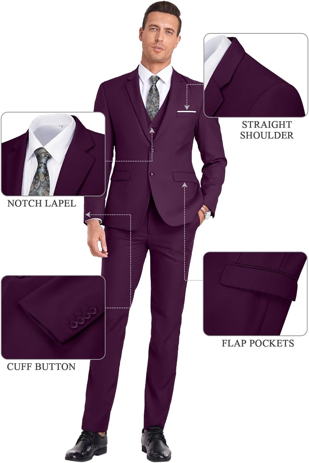 Men Suit 3 Pieces Slim Fit Jacket Vest Pant with Tie image 2