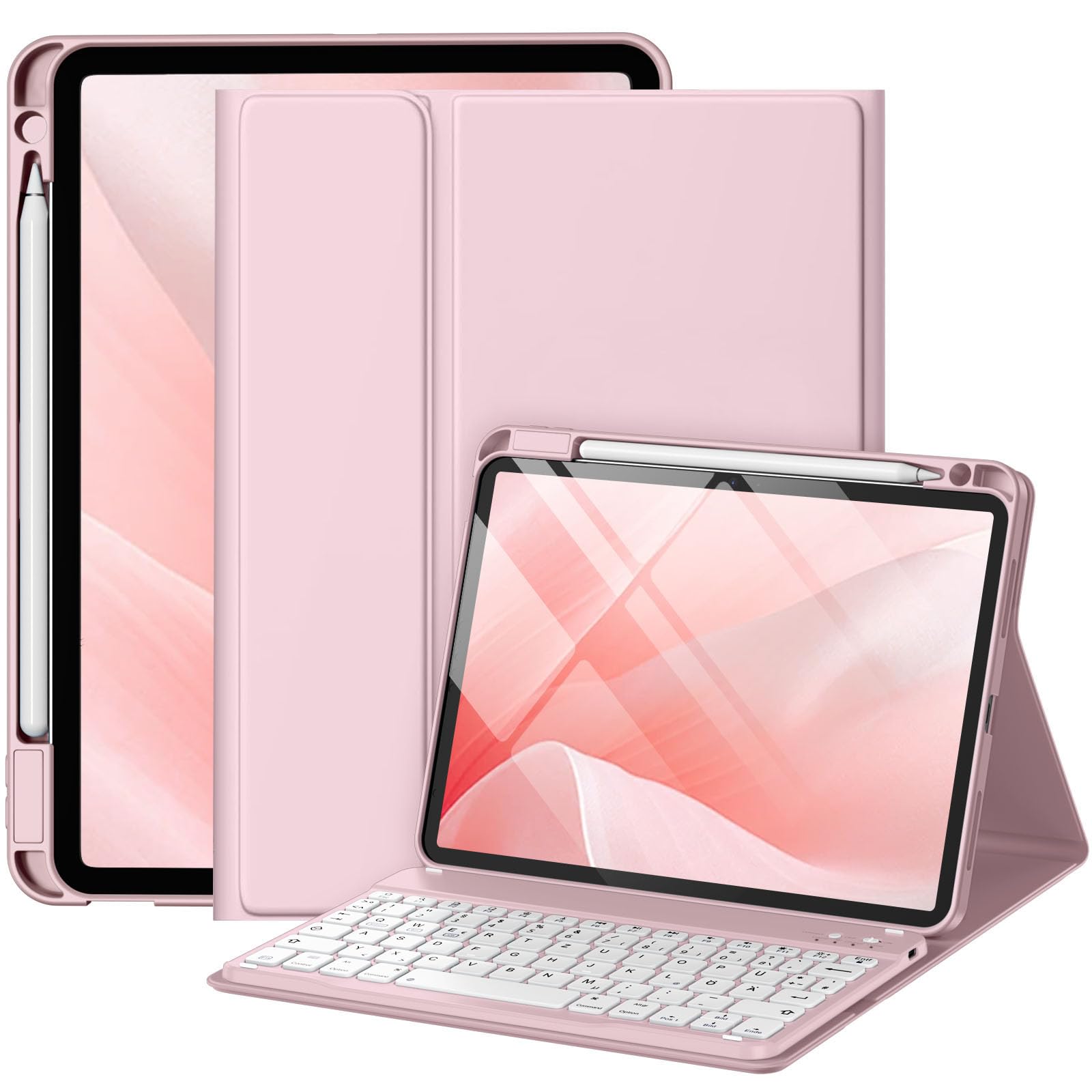 drivego Hülle mit Tastatur für iPad Air 11 Zoll M4 2026/M3 2025/M2 2024/Air 10.9" 5 Generation 2022/4 Gen 2020, Magnetische Anti-Detach Tastatur Hülle mit Stifthalter, QWERTZ Keyboard, Rosa