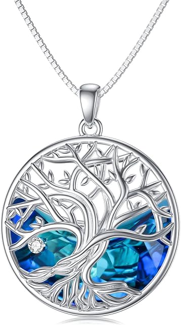 Mother's Day Gifts for Women Tree of Life Necklace Moon Necklace 925 Sterling Silver Crystal Pendant Necklace Tree Life Jewelry Gift for Wife Girlfriend Sister Mum Grandma Daughter Birthday Gifts