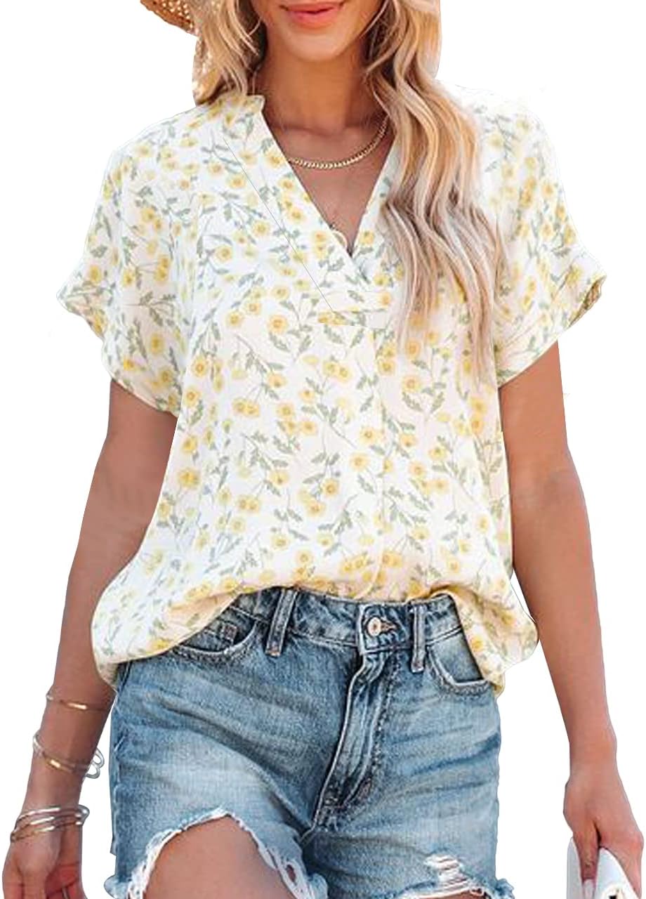 Allimy Women Summer Casual Split V Neckline Floral Chiffon Blouses Loose Tunic Short Sleeve Tops