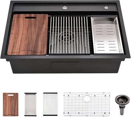 Fregadero de cocina negro de 33 x 22 pulgadas, con protección contra salpicaduras, fregadero de cocina de 33 pulgadas de calibre 16, acero