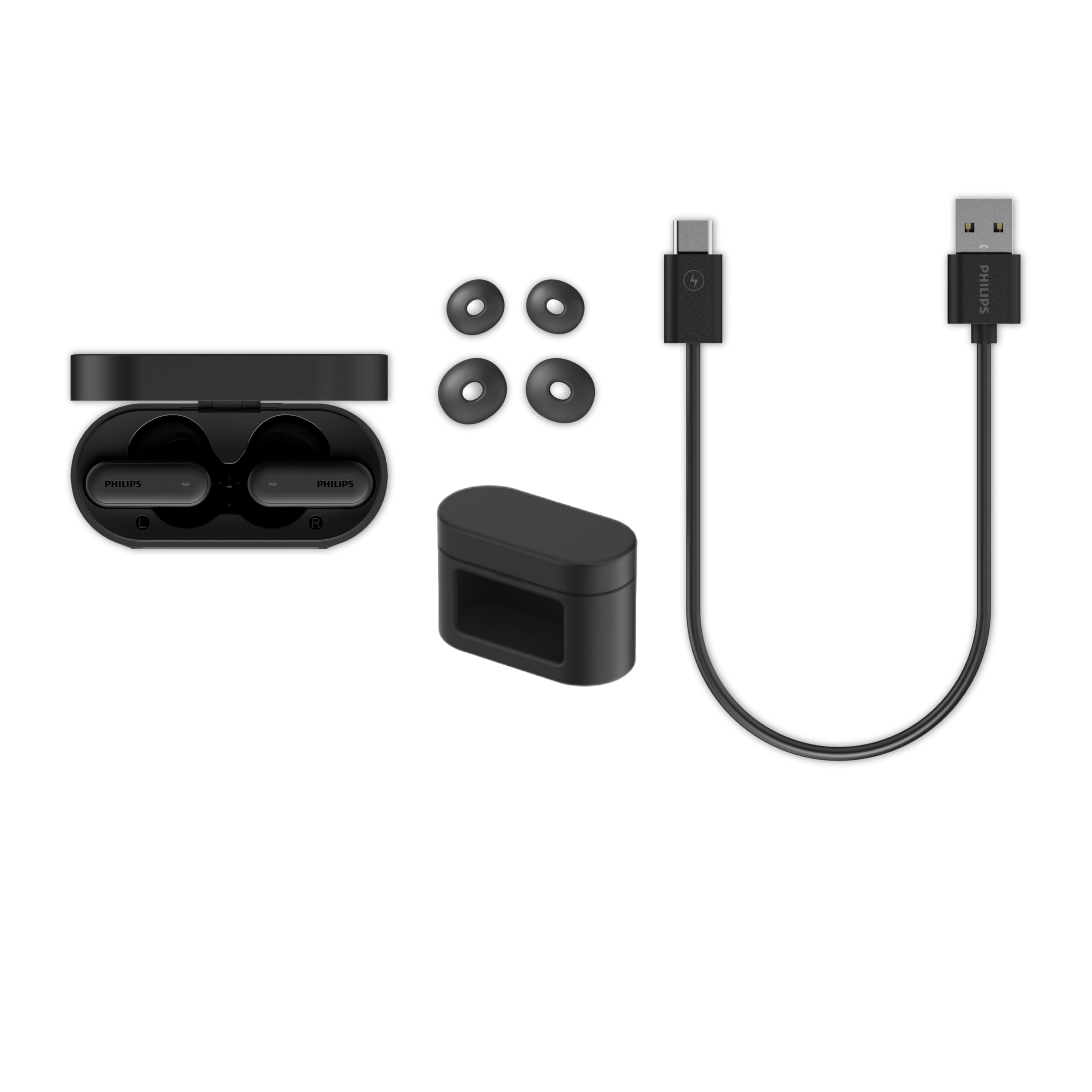 Philips TAT6100BK - Auriculares inalámbricos con Funda de Carga Inteligente, cancelación de Ruido, 4 micrófonos, Graves dinámicos, Tiempo de reproducción de 28 Horas, Bluetooth 5.4, IPX5, Controles