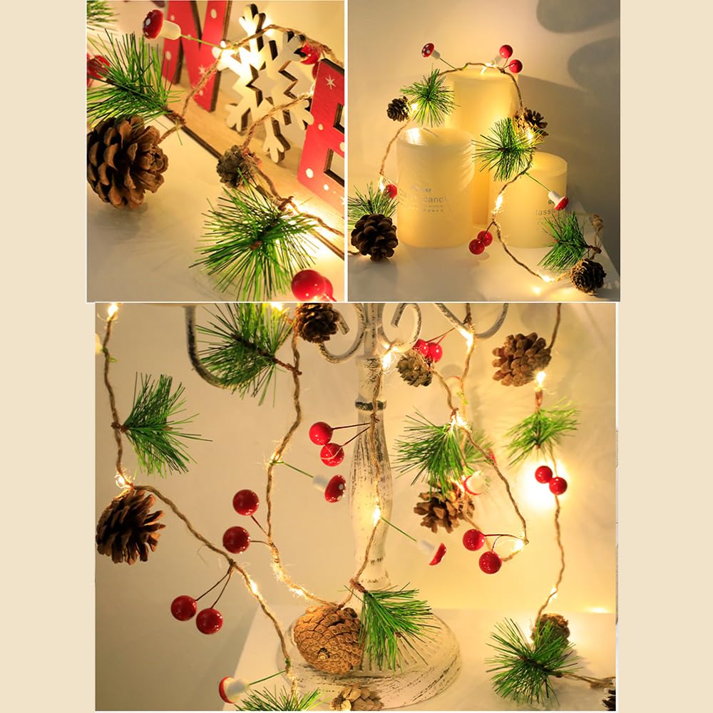 Ghirlanda Natalizia con Luci - Decorazioni Ghirlanda Natalizia 2 metri 20 leds con Pigna Frutto Rosso Pinoli Natale Decorazioni Casa per Decorare Camino Porta Scale Pareti Albero di Natale (Verde)