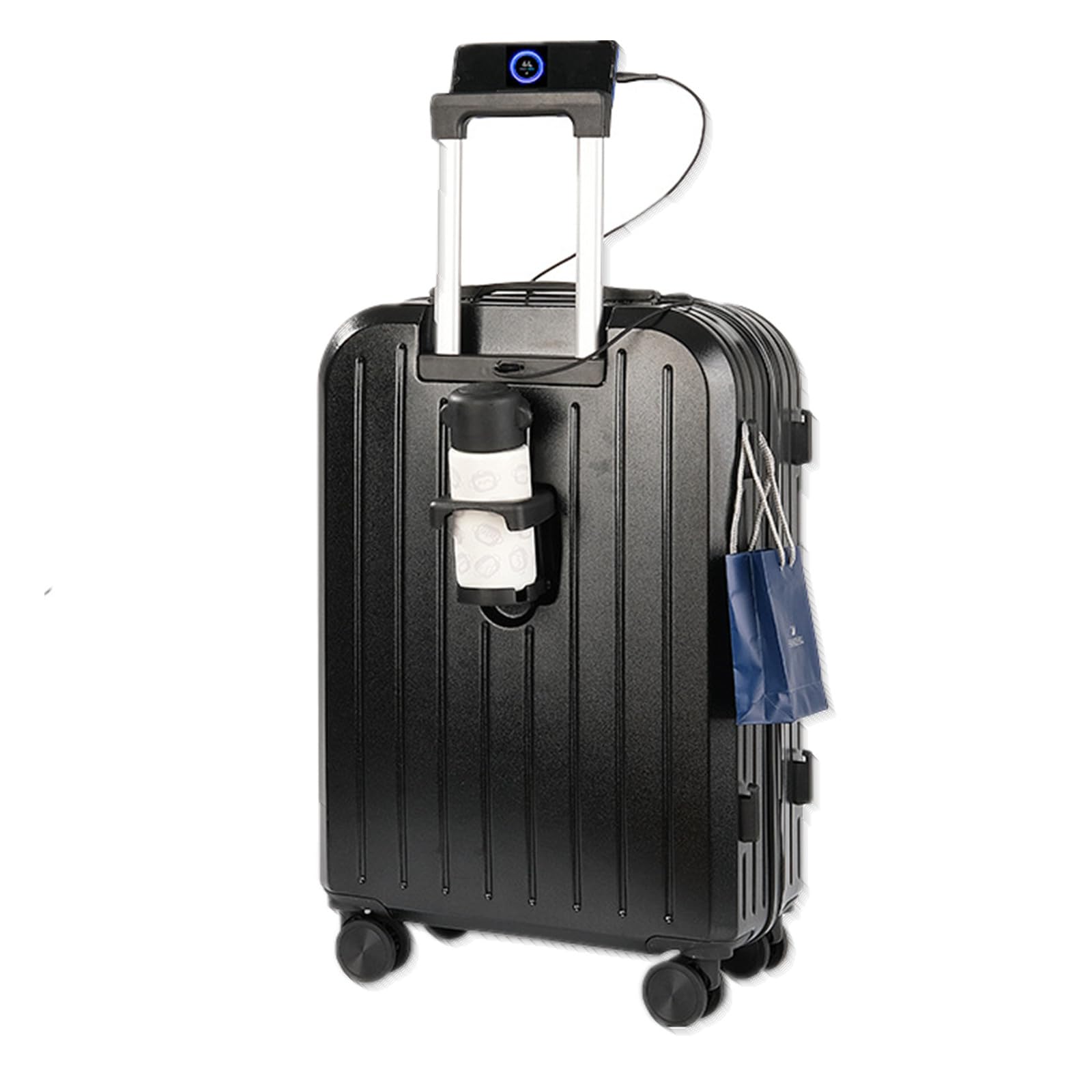 MOTIMHardside Spinner Wheel Luggage Built-In Carry on Suitcase with Cup Holder & USB Port & Phone Holder (Black, 20-inch)