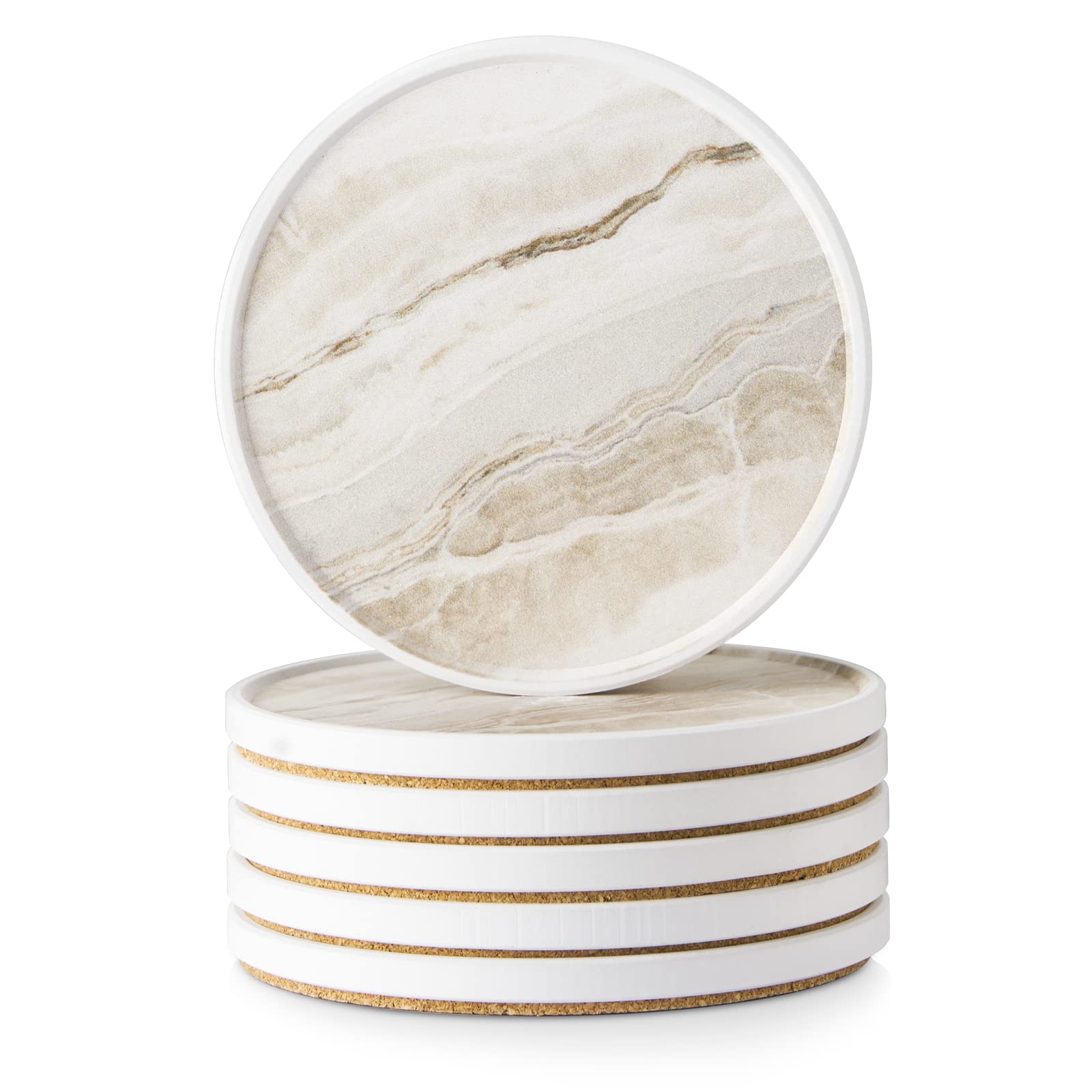 LIFVERCoasters for Drinks, Absorbent Coasters with Lip Edge Set of 12, Marble Style Ceramic Drink Coasters for Tabletop Protection, Stackable Coasters with Holders