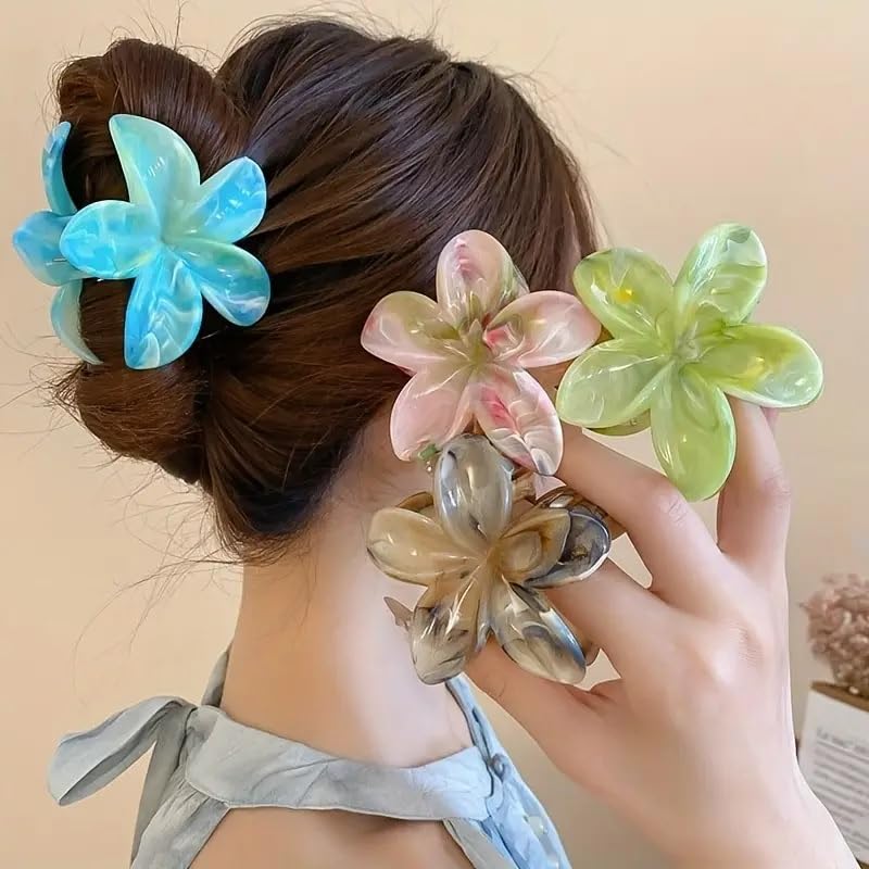 Image of Flower Claw Clip for Women - 3 Pc Hawaiian Plumeria Flower Hair Clip Set, Strong Hold Floral Clutcher, Large Matte Claw Clips for Thick & Thin Hair for Girls