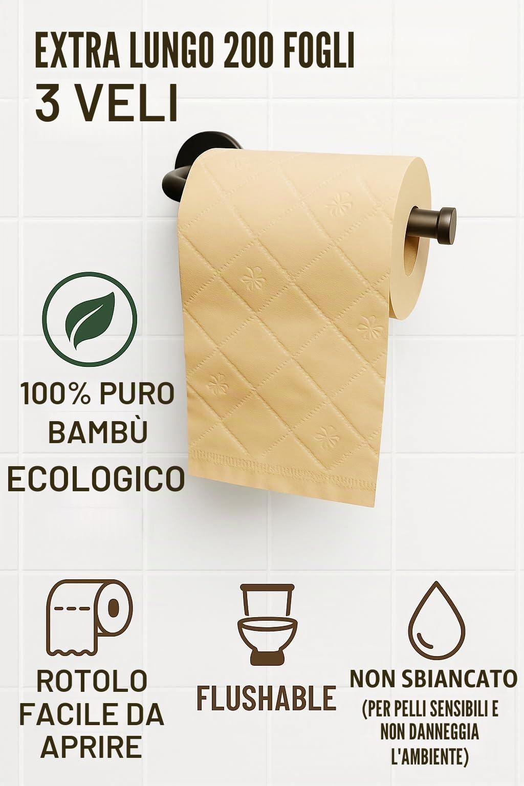 Pure Boo, rotoli di carta igienica in bambù non sbiancato, confezione da 24 | 3 strati, 200 fogli per rotolo | 100% carta igienica in bambù, ecologica, ipoallergenica, biodegradabile, senza plastica