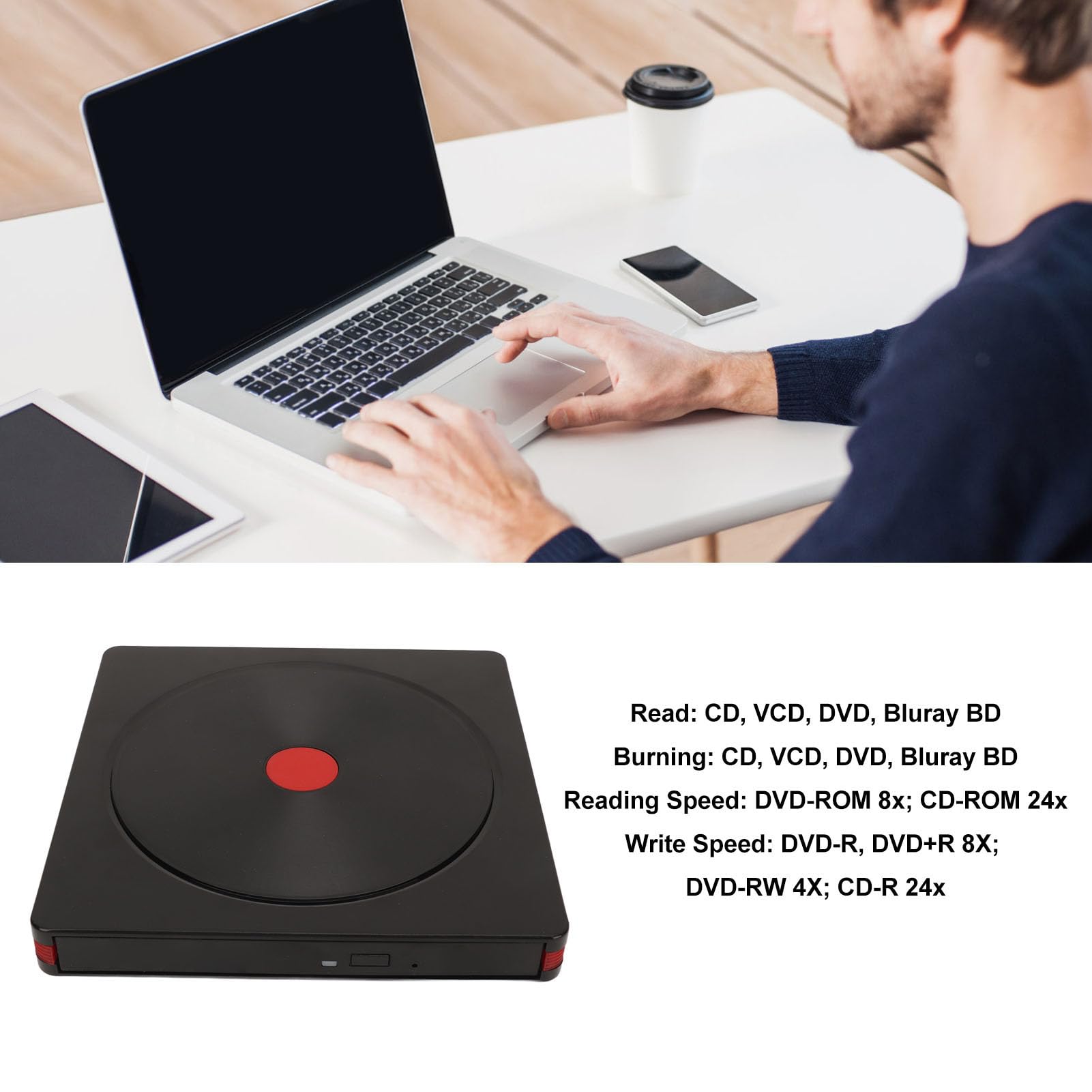 ASHATA Unità DVD Esterna, Masterizzatore/masterizzatore BD Portatile Sottile CD/VCD/DVD/luce Blu, per Windows, per Mac OS, per Computer Desktop, Laptop, Laptop Ultra, ecc.
