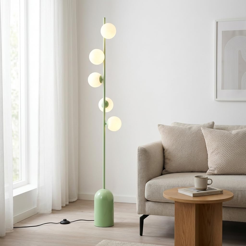 Alpinaluz Lampada da Terra Verde Moderna con 5 Sfere Luna 3D in ABS Stampate, Base in Ferro Robusta, 5 Portalampada G9 per Illuminazione Soffusa e Design Nordico Elegante per Soggiorno e Camera da