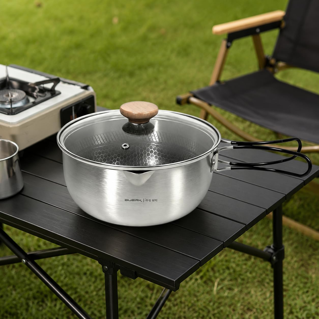 1 Olla Colgante Juego de Utensilios Acero Inoxidable Camping Antiadherente Tapa de Cristal 5200ml Práctica para Comidas al Aire Libre Viajes Familiares, cazuela cocción acero triple e