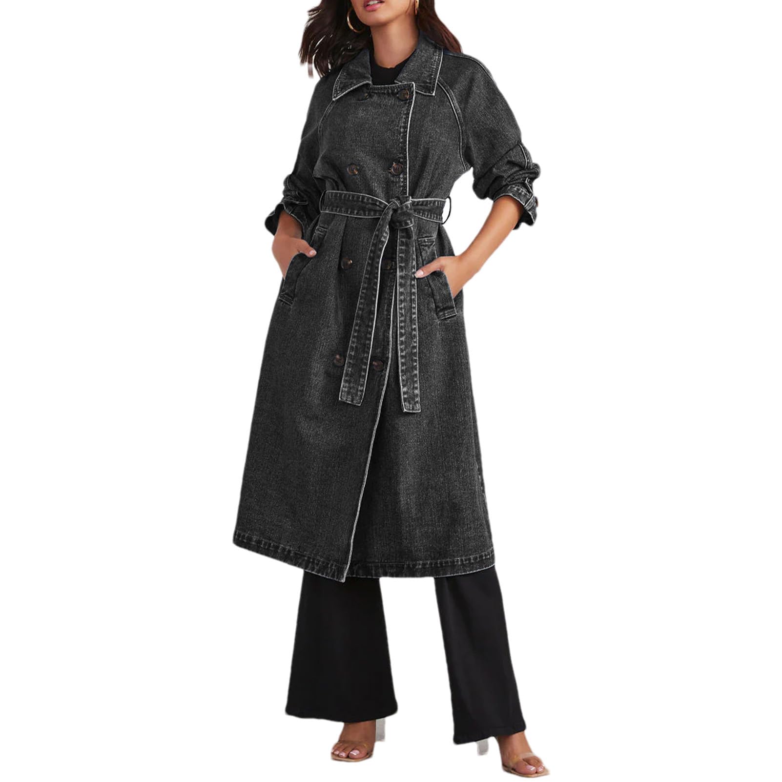 Trench en jean à double boutonnage mi-long pour femme
