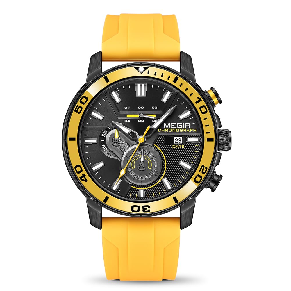 MEGIR Reloj deportivo analógico de cuarzo para hombre, cronógrafo, militar, luminoso, correa de silicona 2224G, Amarillo