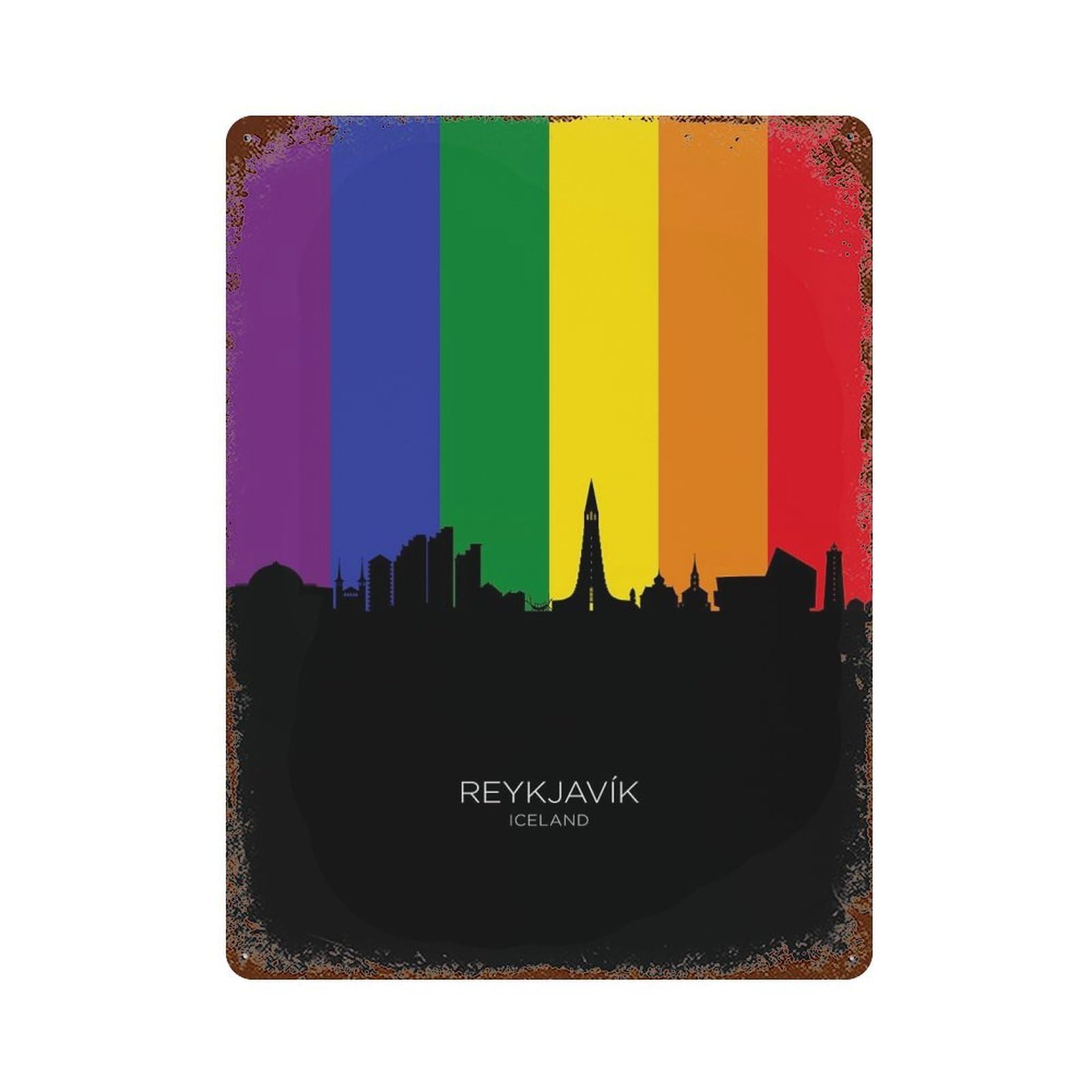 Reykjavik Iceland Skyline Rust Effect Tin Sign 15.7"x11.8", Novelty Wall Decor for Patio, Garden Room And Bar Decor
