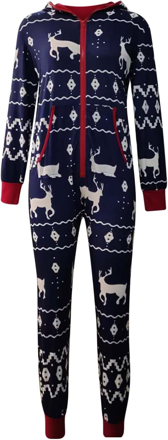 Sexy Christmas Pajamas for Women Large Hooded Onesie with Pockets Xmas Reindeer Print Sleepwear One Piece Jumpsuit