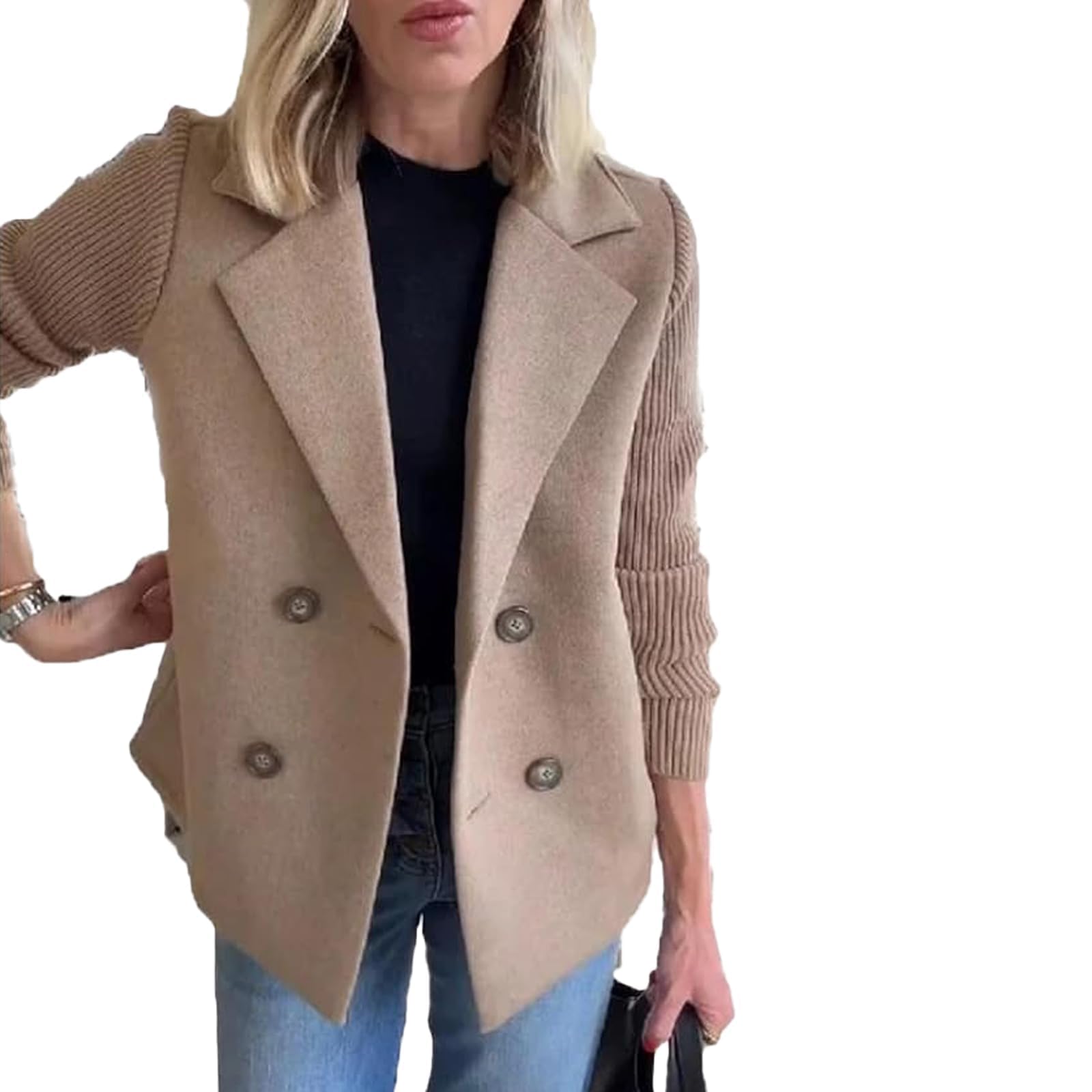 Womens Lapel Button Knitted Patchwork Sleeve Casual Coat Cropped Pea Coat Blazer Sweater Double Breasted Coat Sweater