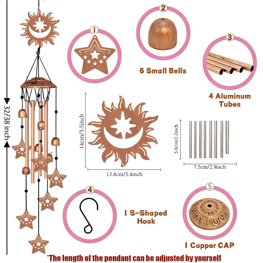 INFUNLY Sun Moon Face Campanelli a vento per esterni Stelle in metallo Carillon a vento in alluminio Tubi a vento Memorial Campane a vento Musica retrò con campane per cortile Decorazione da giardino