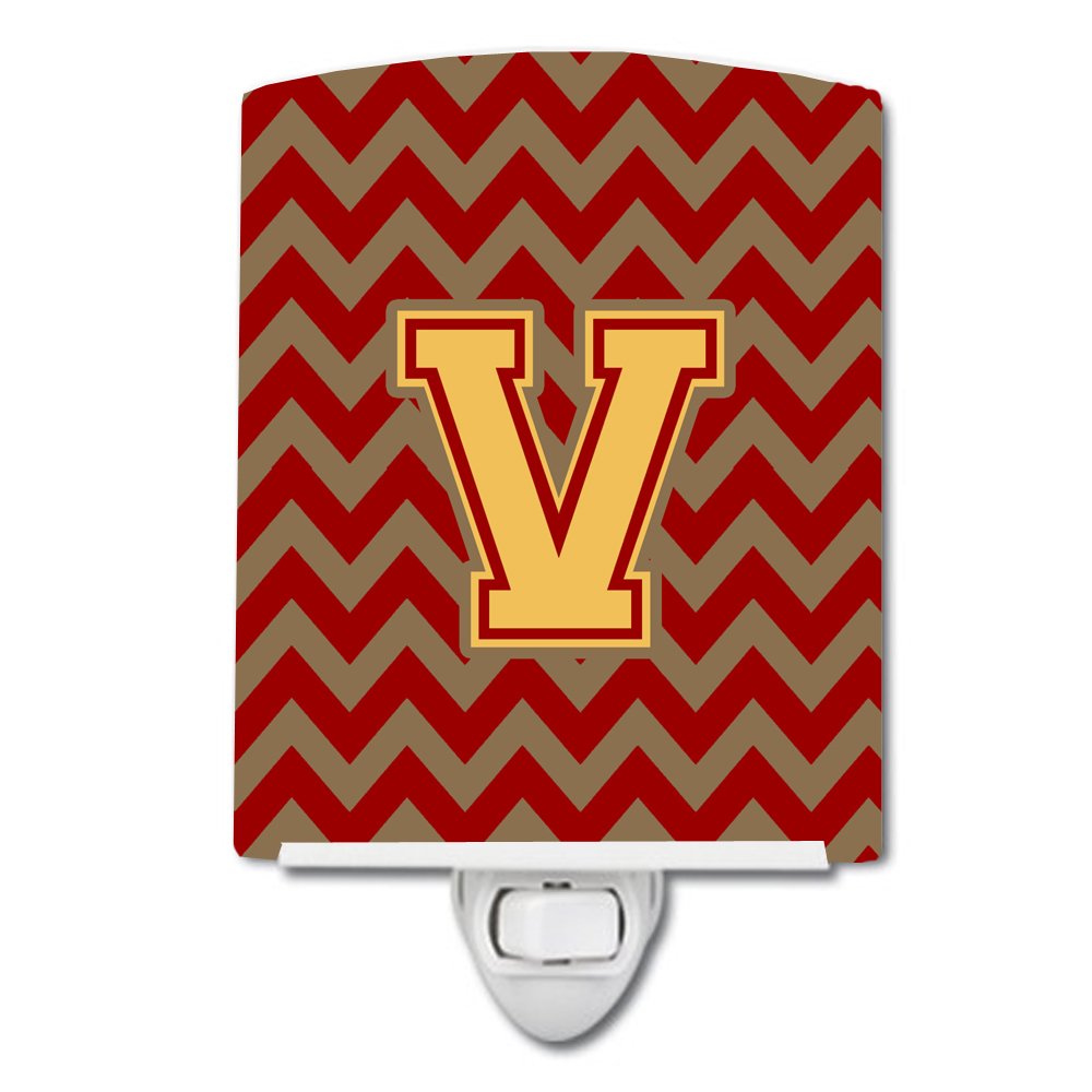 Caroline's Treasures CJ1048-VCNL Letter V Chevron Garnet and Gold Ceramic Night Light Compact, UL-Certified, Ideal for Bedroom, Bathroom, Nursery, Hallway, Kitchen, 6x4x3, Multicolor