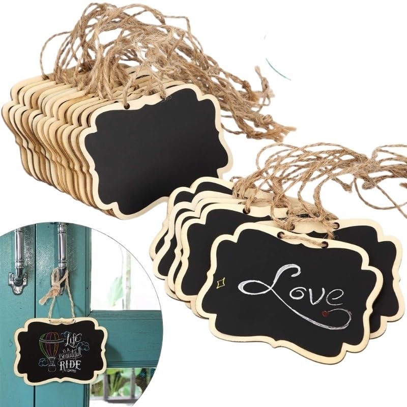 Mini Ardoise,Mini Tableau Noir Lot de 120 étiquettes effaçables en ardoise noire à suspendre avec corde en jute, décoration murale, panneaux en bois